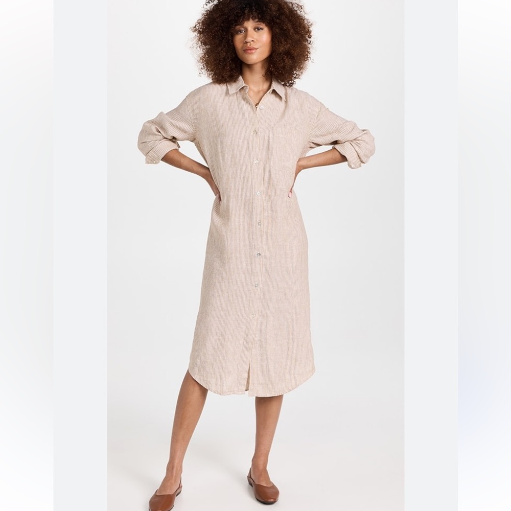 Faherty Natural Beige Button-Front Long Sleeve Shirt Dress